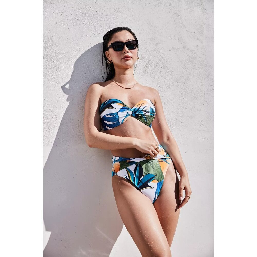 CALIA Women's Twisted Bandeau Swim Bikini Top, XXL, Botanical Print White